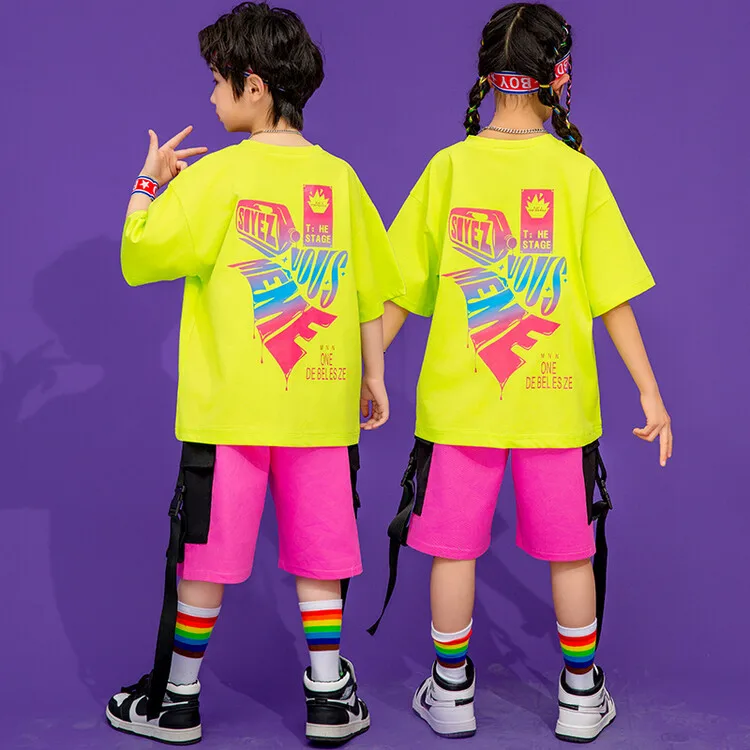 社交ヒップホップ衣装ボーイズ Tシャツショーツジャズダンス競技パーティーステージ衣装ファッション子供ダンス服