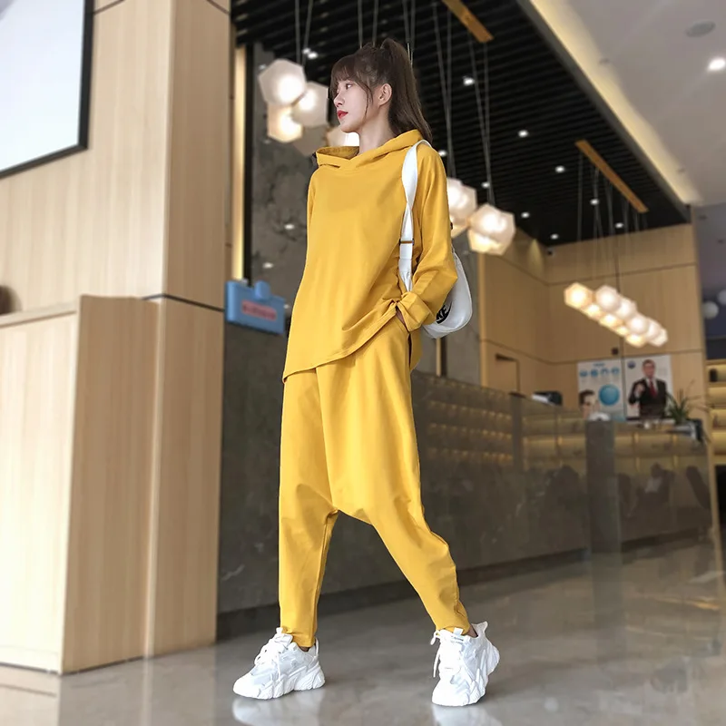 Baggy Two Piece Set Women Casual Harem Cross-Pants Long Sleeved Hooded T-shirt Hip Hop Solid Color Joggers Sweatpants Set