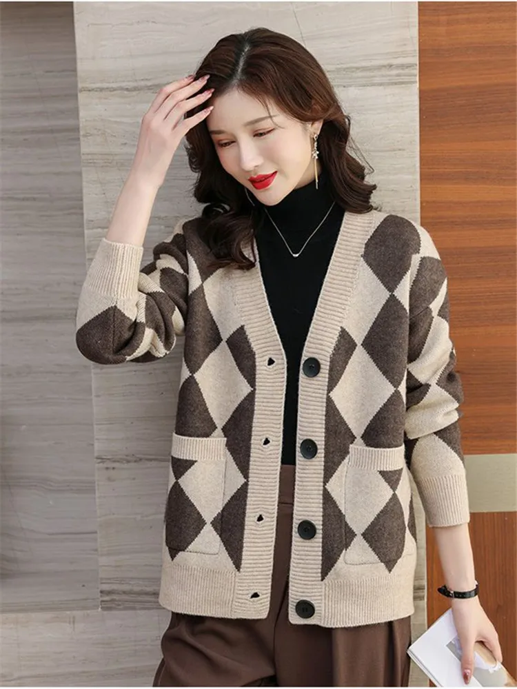 Sweater Coat Cardigan Ladies Spring And Autumn New Lazy Wind V-Neck Plus Size Solid Color Checkerboard Sweater Pocket Soft Coat