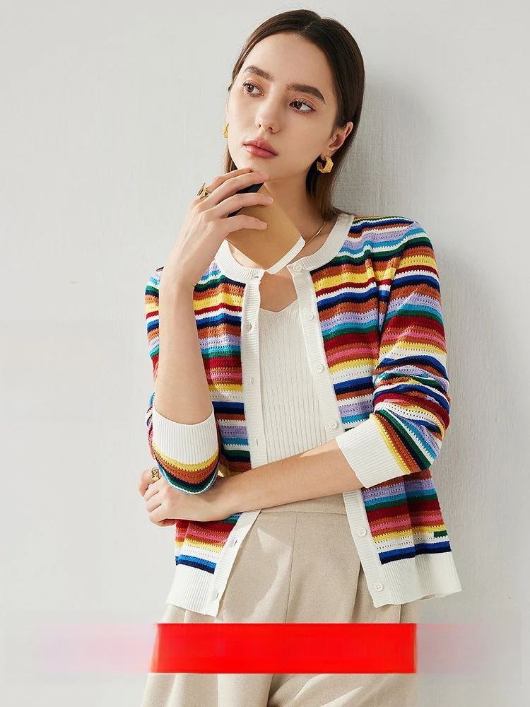 

Dopne round Ne Knitwear Women's Casual Outerwear Wool Blend Multi-Color Stripes Spring Summer New Arrival Zhaojun
