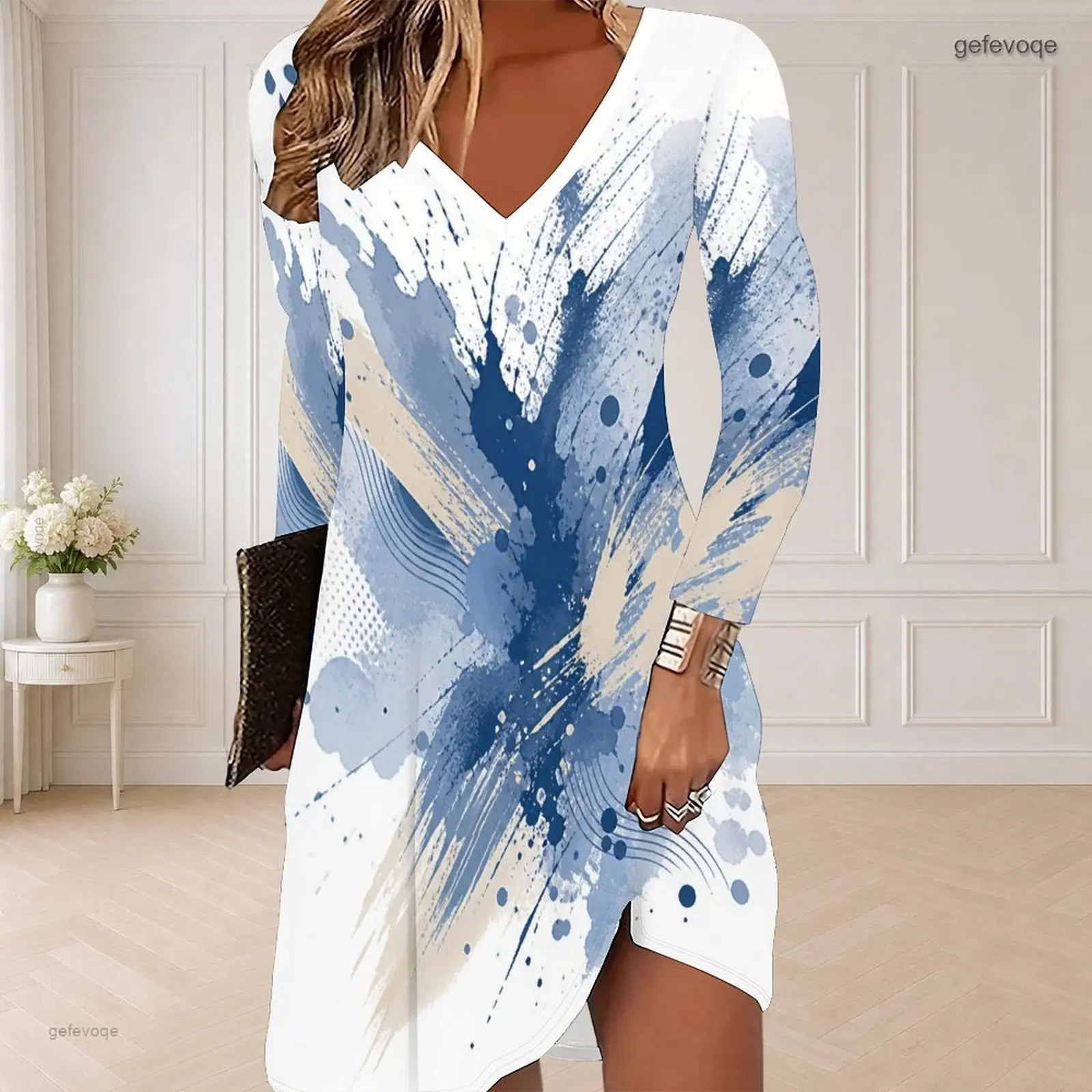 V Neck Long Sleeve Curved Hem Printed Dress for Women