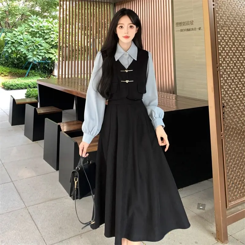 French Retro College Style Fake Two Piece Dress for Female Students Korean Version Loose Splicing Waist Slimming A-line Skirt