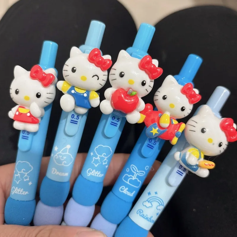 

5-Piece Cartoon Hello Kitty Press Ballpoint Pen Multi Color Cute Anime Writing Pen 0.5mm Black Quick Drying Signature Pen Gift
