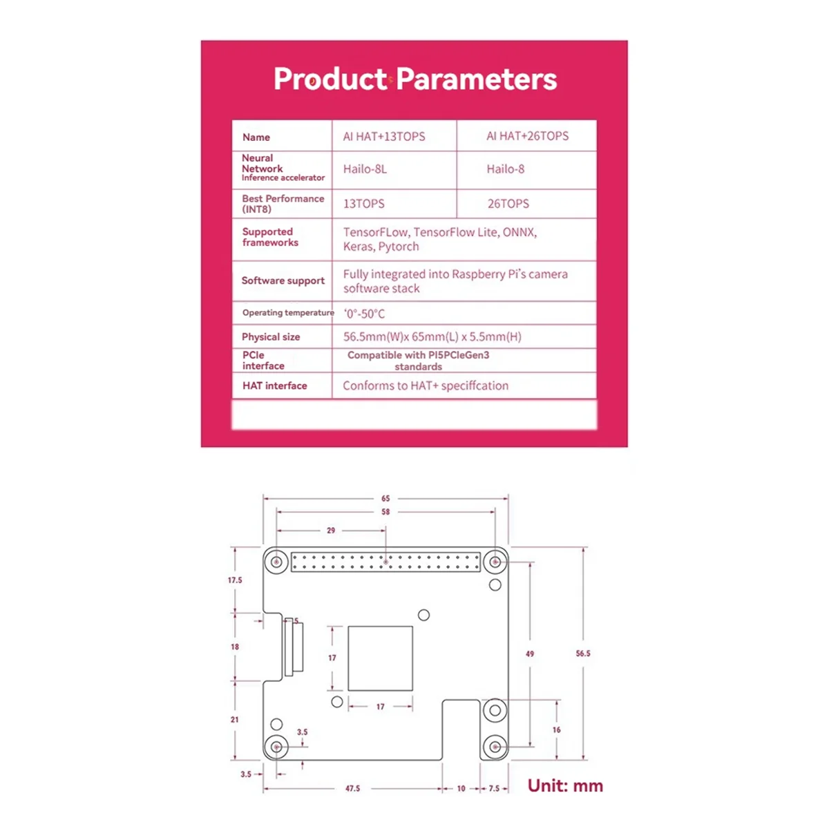 

For Raspberry Pi 5 AI HAT+ Expansion Board Kit, 13Tops