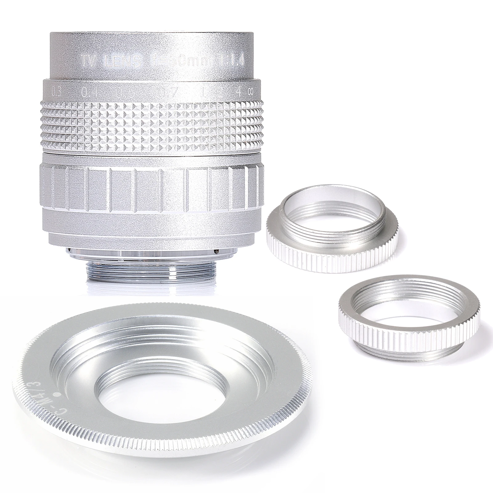 Silver 50mm F1.4 CCTV TV Camera Lens + C-M4/3 Mount Ring for Panasonic/Olympus Micro4/3 M4/3 Mirrorless Camera