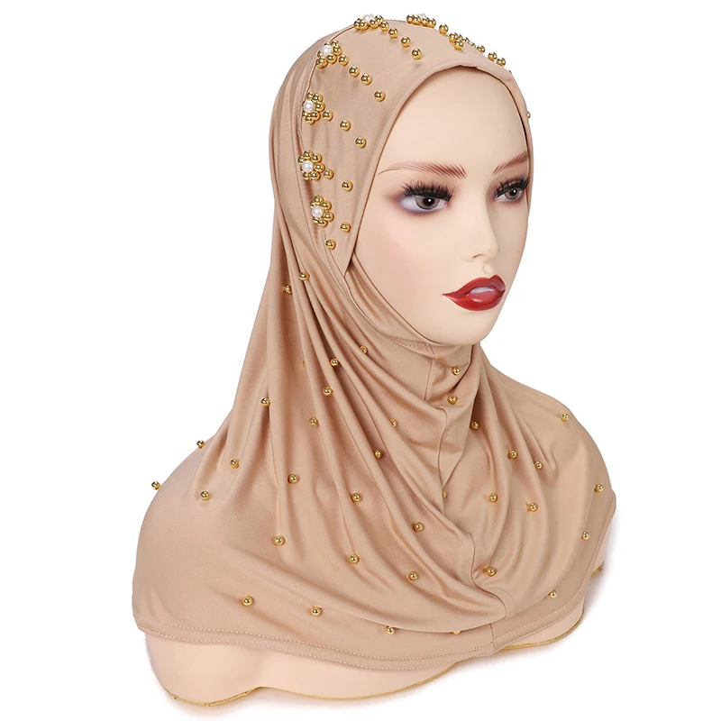 

Muslim Hijab Pearl Beaded Arab Hijab Headscarf For Women Fashion Solid Color Soft Hijab Shawl Head Wrap Scarf Turkey Bandana