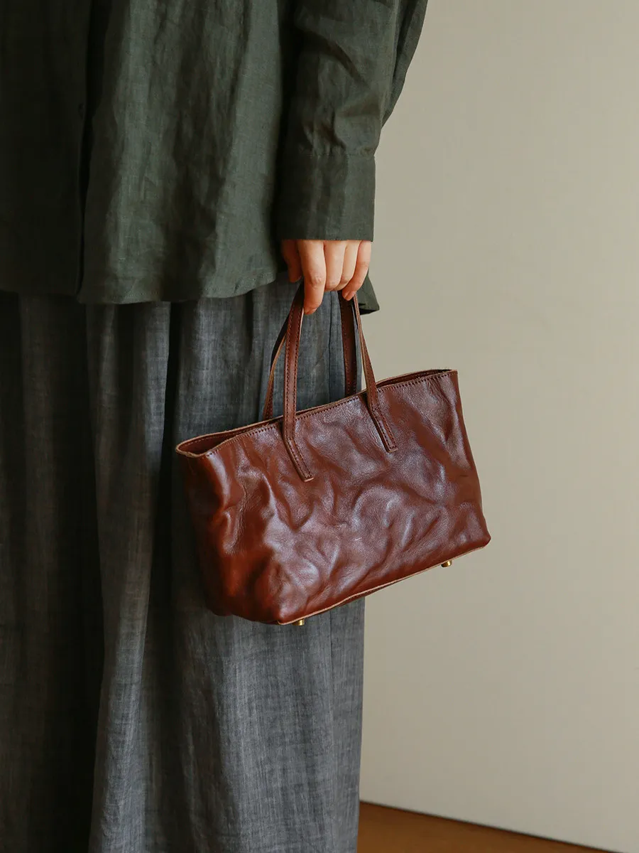 simple fashion luxury first layer cowhide women's handbag casual vintage handmade genuine leather ladies tote shoulder bag
