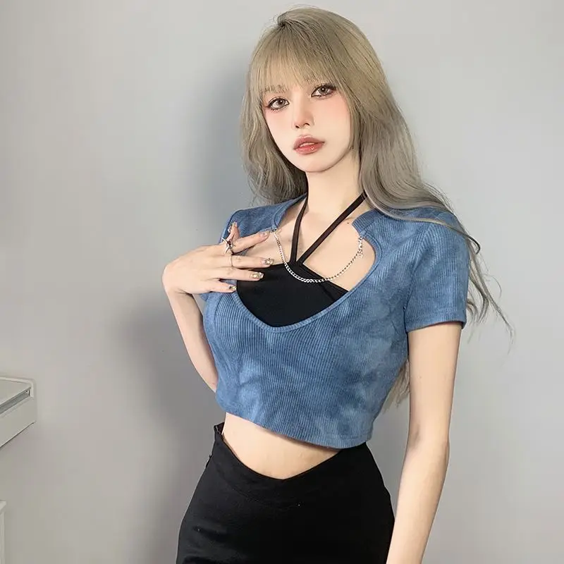 Blue Two Piece Sets Women Crop Tops Hollow Out Streetwear Hot Slim Sexy European Stylish Fashion Clothing Summer Personal Teens