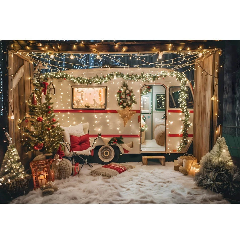 Toile de fond de voiture de camping de Noël, décor de fond de photographie de Portrait, lumières de Noël, extérieur, champ de neige, forêt, voyage, hiver