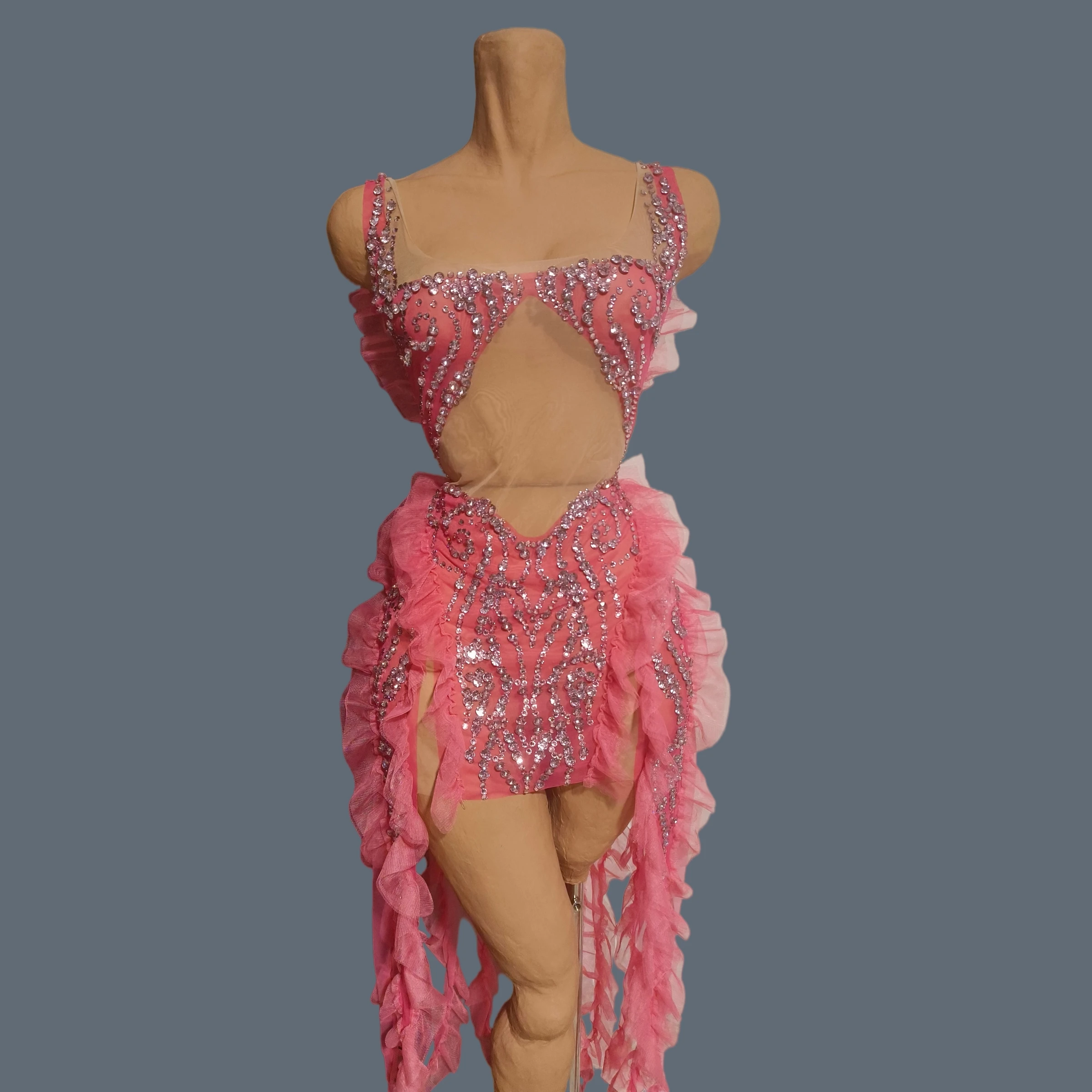 

Women Pink Rhinestone Ruffle Sheer Mesh Mini Dress Sexy Sleeveless Sparkly Crystal Party Stage Performance Dance Costume Mitao