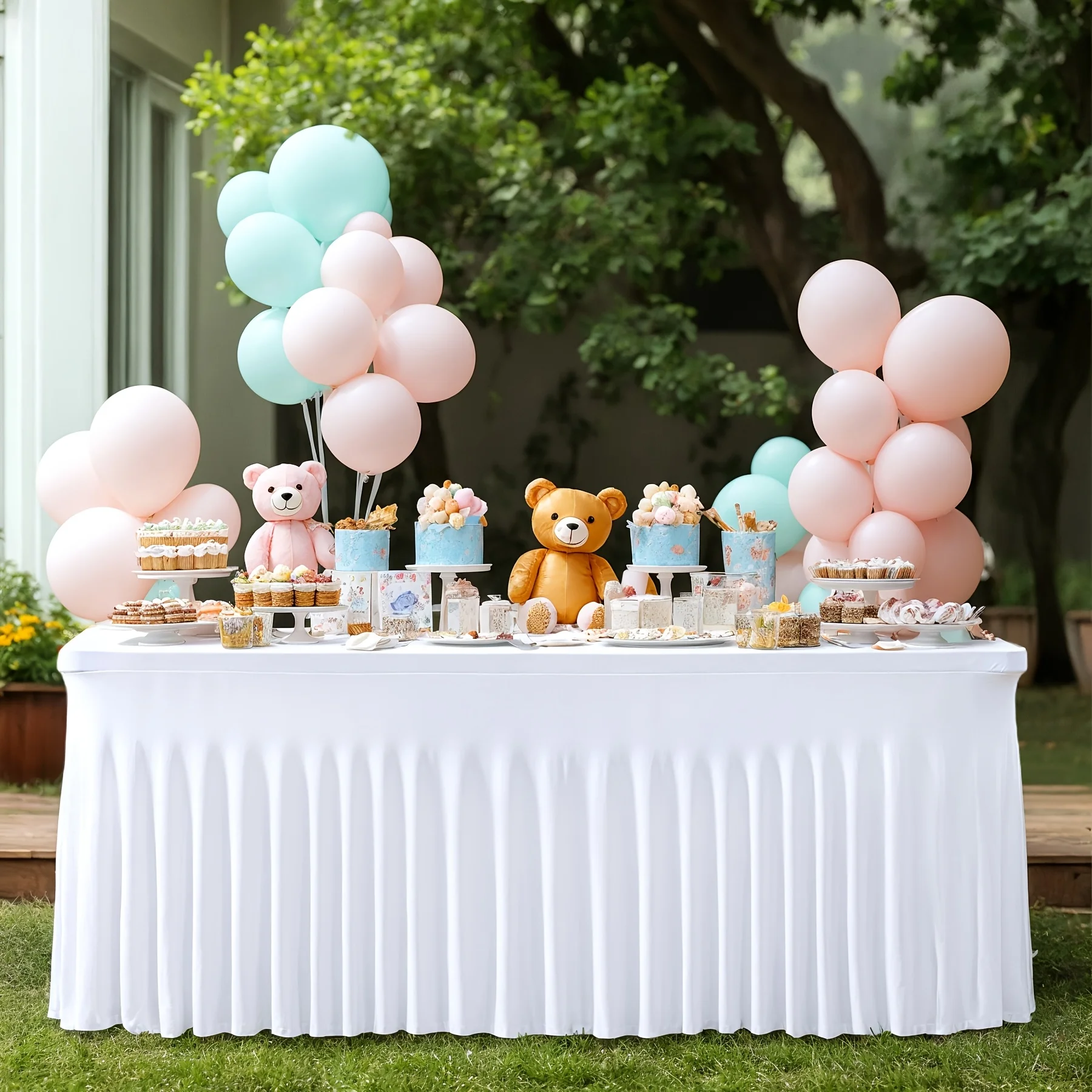 

2pcs 8-Foot Elastic Anti-Wrinkle Tablecloth, Rectangular Polyester Spandex Blend with Ruffle Design for Weddings, Birthdays, Par