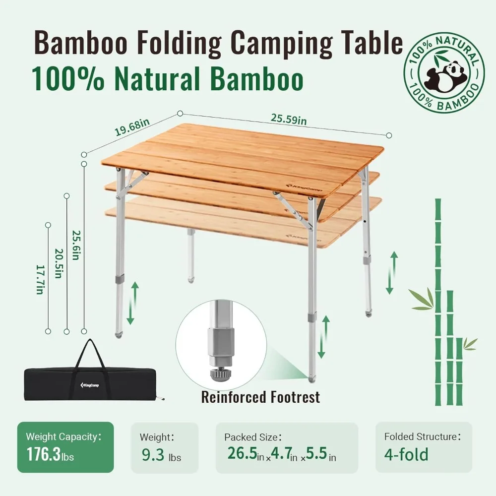 Bamboo Folding Camping  4 Folds Lightweight with Adjustable Height Aluminum Legs Portable in Carry Bag, Outdoor Tables