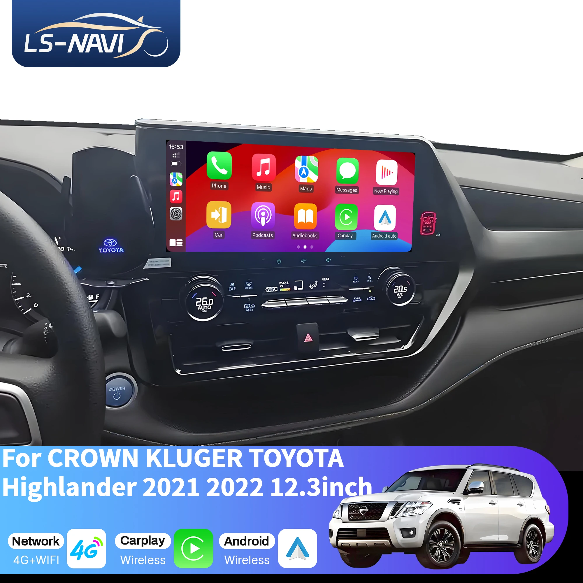 

12.3 inch Car Radio For CROWN KLUGER TOYOTA Highlander 2021 2022 4G Head Unit Wireless Bluetooth CarPlay Touch Screen Stereo