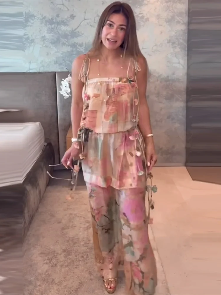 3D-Blumenbedruckte Spitzen-Oberteile mit Schnürung und Hosenanzüge für Damen, sexy ärmellose, rückenfreie, schmale Oberteile, weit geschnittene Hosen, charmante Damen-Outfits, neu – Detail 21
