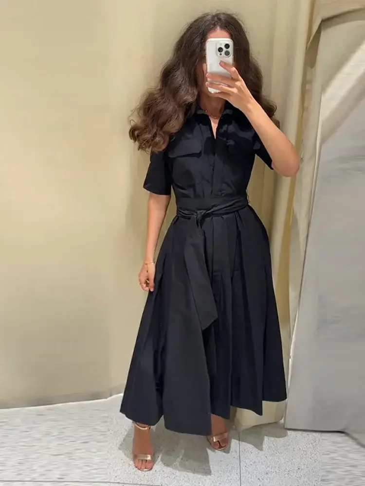 

Women's Long Lace Up Dress Black Short Sleeve Pockets Belt Turn-down Collar Summer Female Dress 2026 Elegant Slim Lady Robe