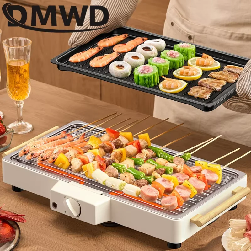 Dmwd-多機能電気無煙グリドル、バーベキューグリル、ベーキングパン、串家庭用機械、油ドリップパン付きバーベキューグリル