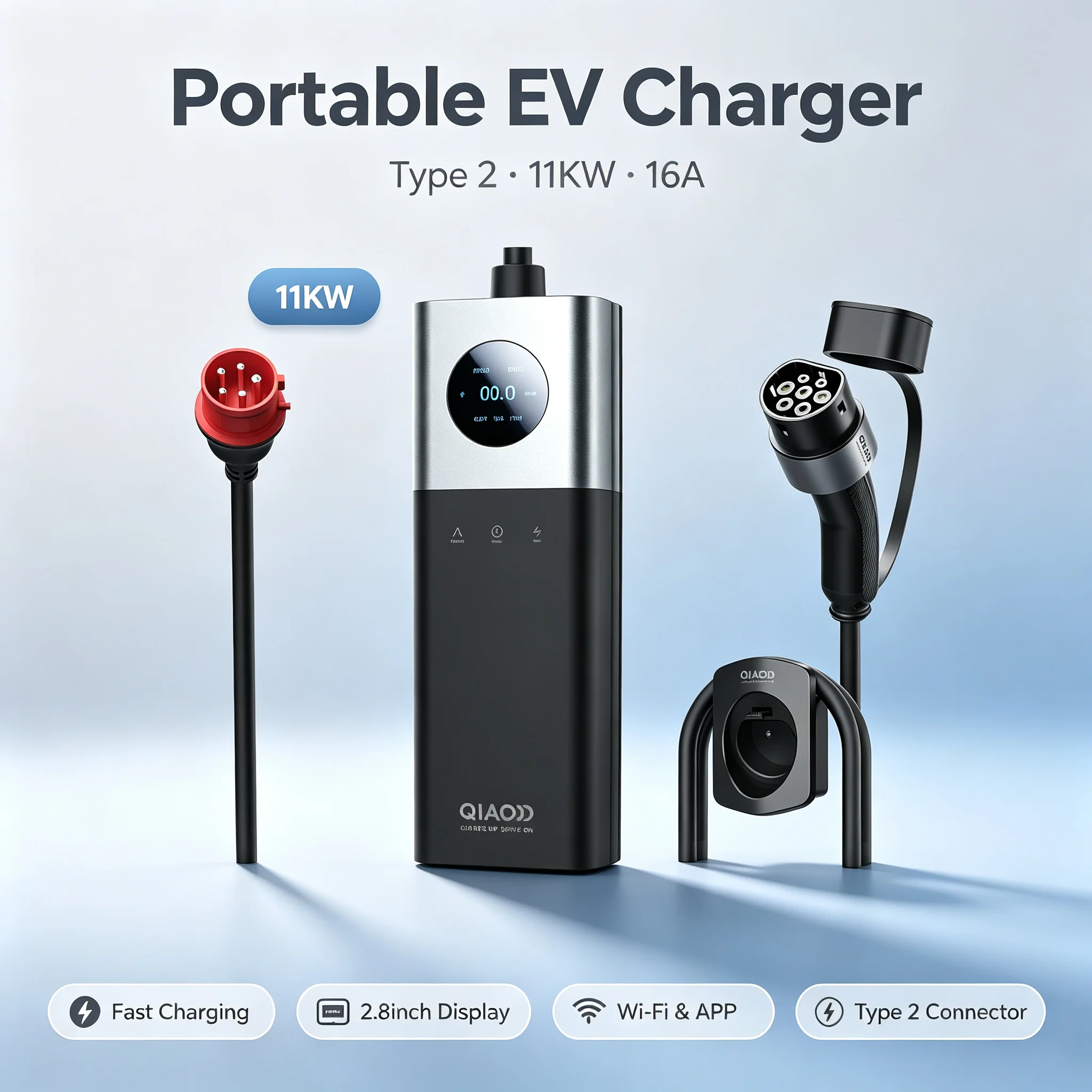 QIAO Portable EV Charger Type 2 11KW 16A EV Fast Charging Wallbox Wi-Fi Blue-tooth APP 2.8-inch Display EV Charging Station