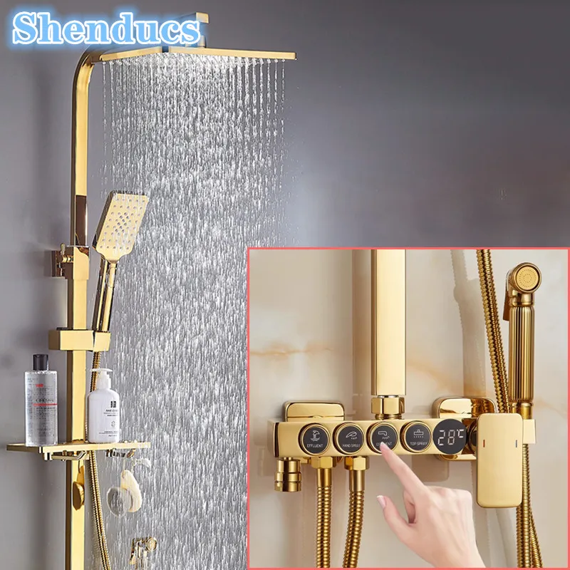 Hot Cold Digital Bathroom Shower Set Gold Thermostatic Bathroom Shower System Faucet Accessories 12 Inch Rainfall Shower Head