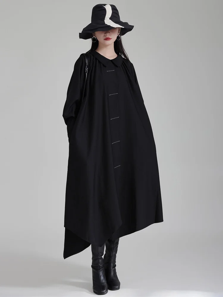 [EAM] Women Black Big Size Midi Shirt Dress New Peter Pan Collar Long Sleeve Loose Fit Fashion Tide Spring Autumn 2024 1DH2780