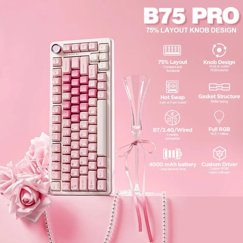 YUNZII B75 PRO Pink Mechanical Gaming Keyboard Gasket Mounted 75