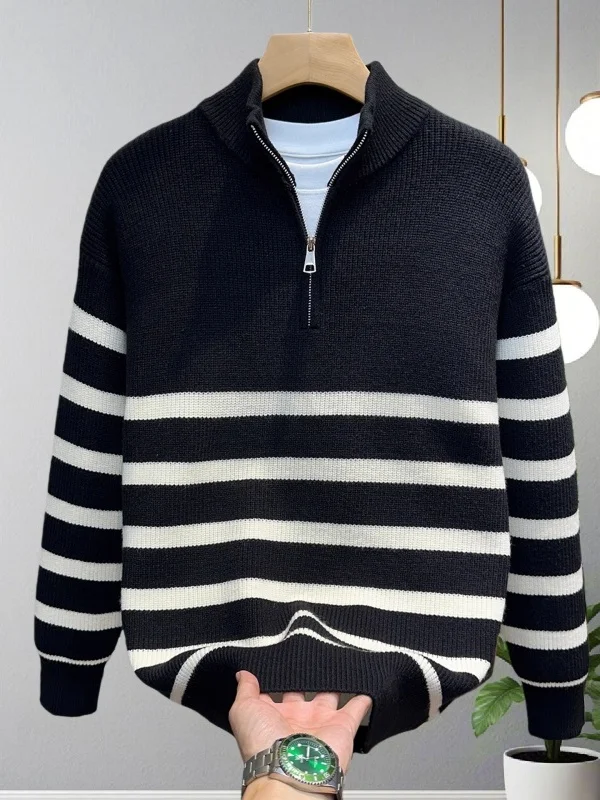 

Autumn Winter Men's Knitted Sweater f Zipper Stripe Pattern Loose Fit Casual Sle Comfortable Soft Material Long Sve