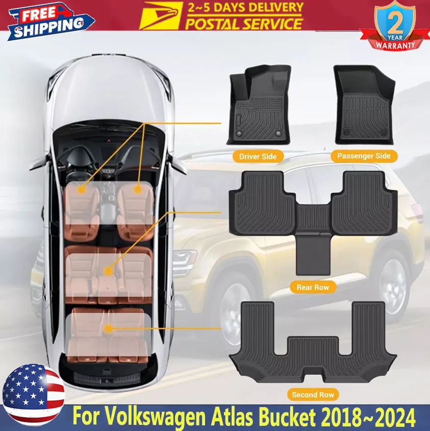 

Коврики TPE, коврики для Volkswagen Atlas Bucket 2018 ~ 2024, 6 мест, защита от всепогодных воздействий, грузовой вкладыш, 3D комплект ковриков