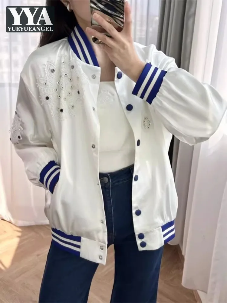 Boyfriend Style Women Lace Floral Squined Bomber Jacket Single Breasted Stand Collar Casual Coat Streetwear Loose Fit Jackets