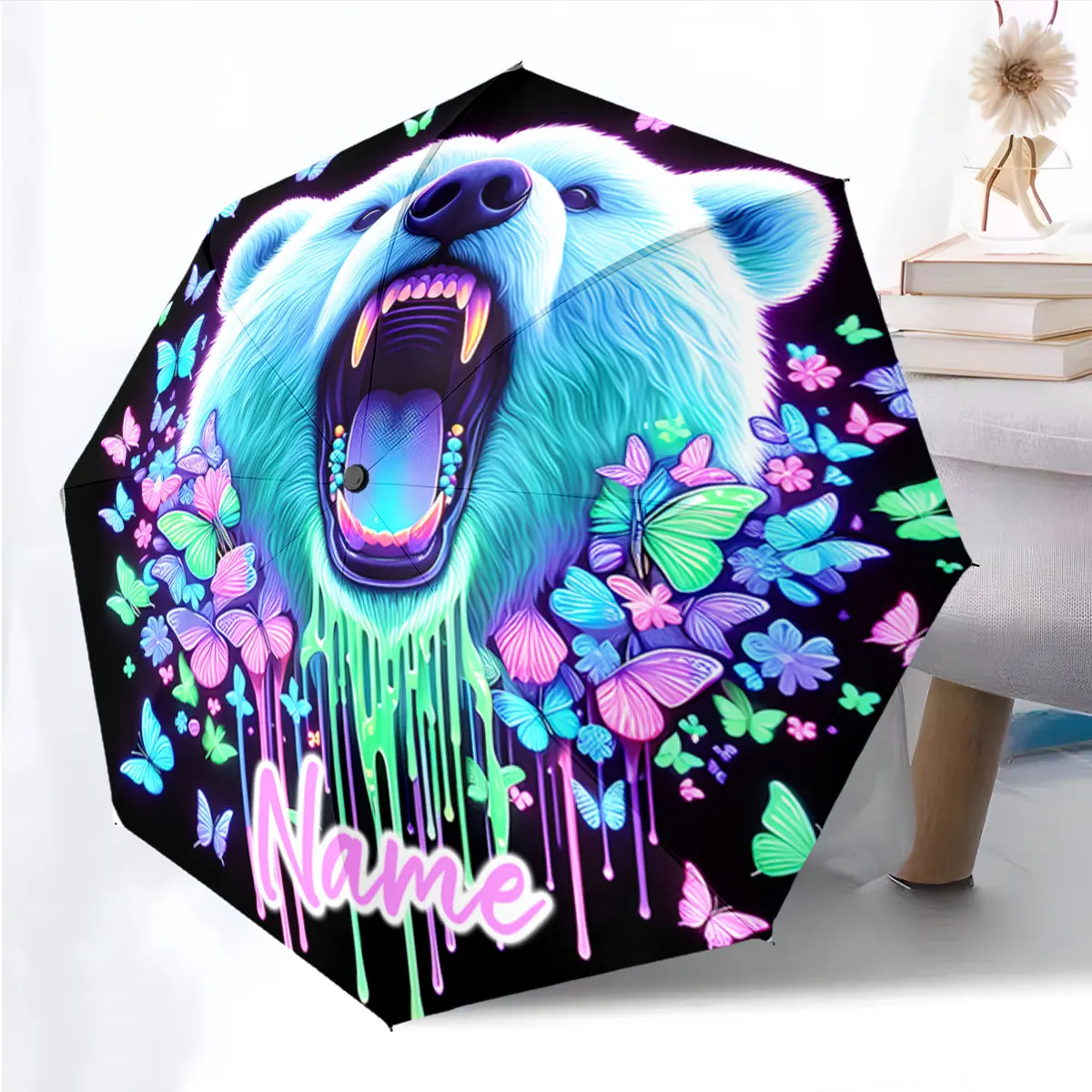 Custom Name Umbrella Radiant Bear and Butterflies Umbrella Art Print 8 Iron Ribs Folding Umbrella Auto-Open Fashion Sunshade