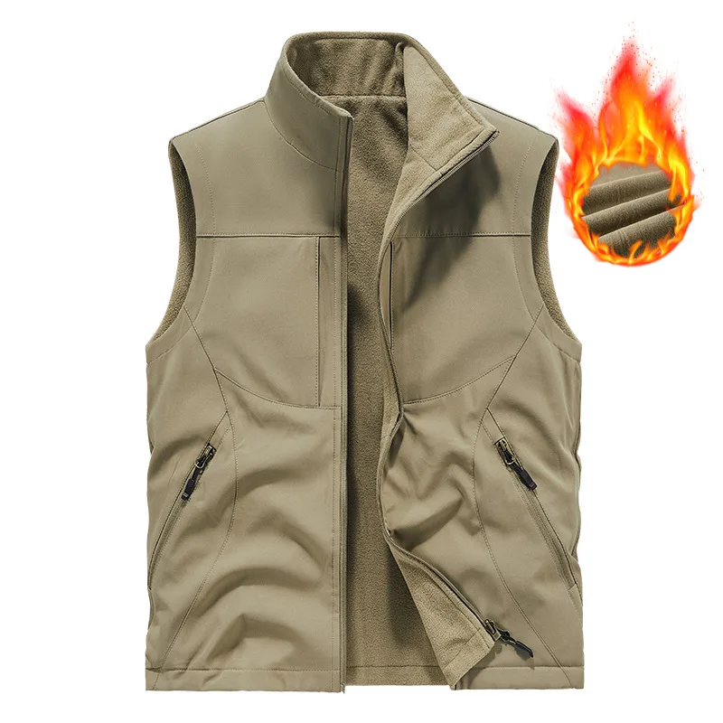 New Fashion Men Reversible Fleece Warm Vests Sleeveless Jackets Man Spring Autumn Outdoor Multi Pockets Casual Waistcoats 6XL