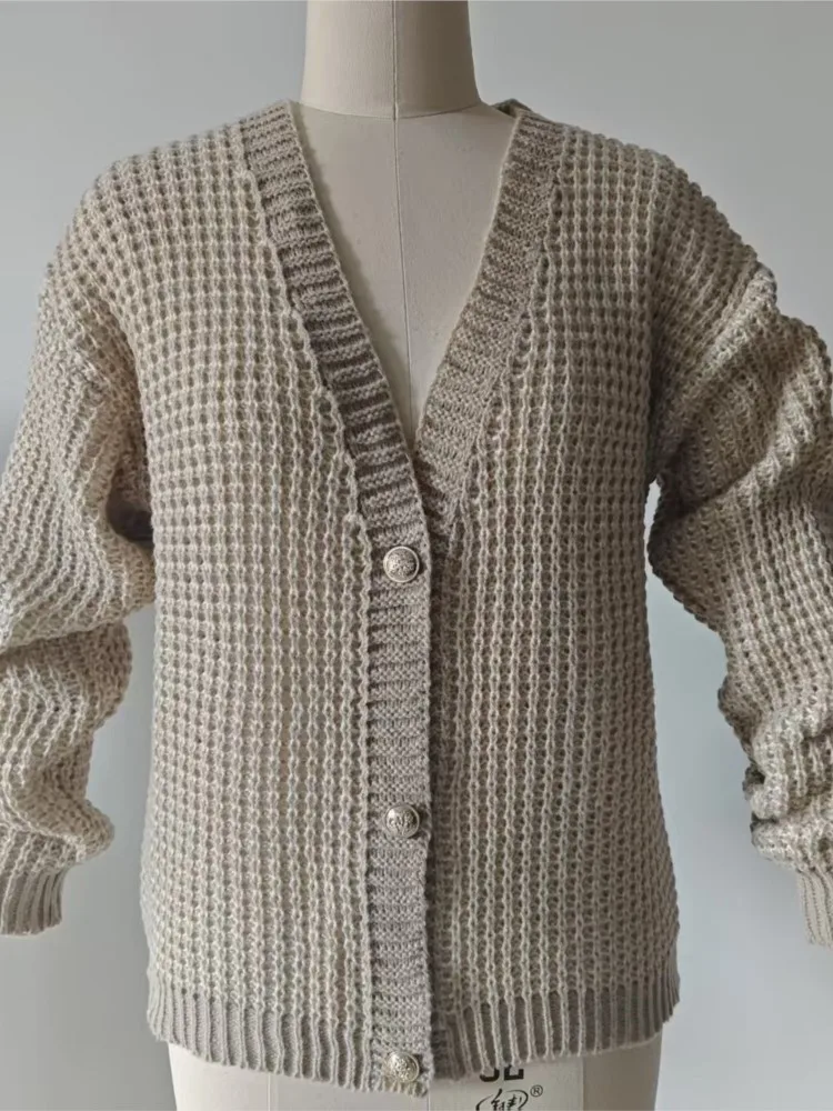 Outono e inverno com decote em v cardigan camisola jaqueta feminina elegante solto lã grossa bloco de cor de manga comprida malhas exterior topo