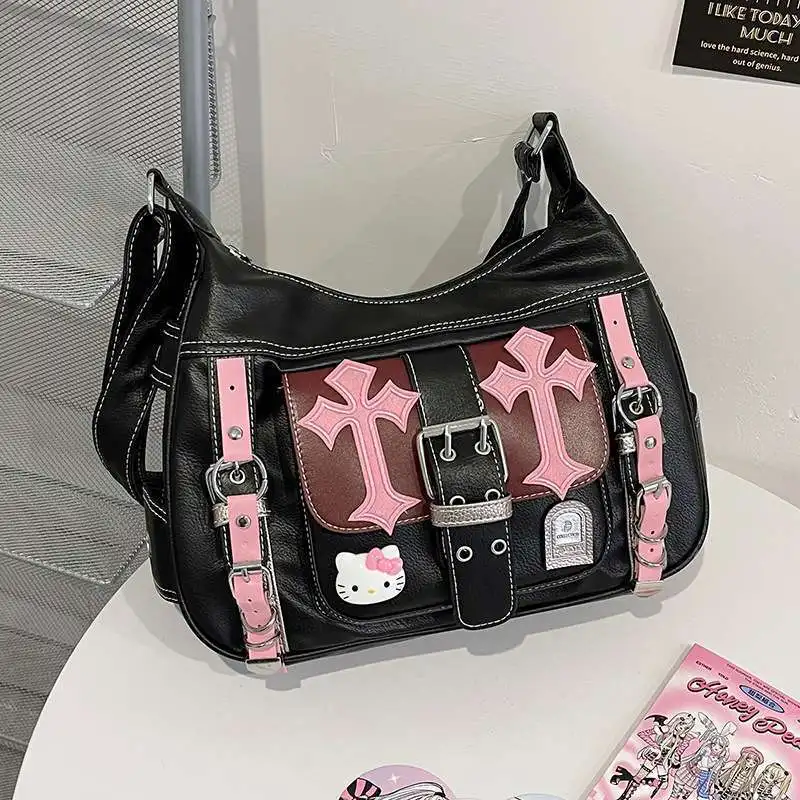 Original Niche Subculture Millennial Spicy Girl Handbag Y2k Cool Girl Hello Kitty Black Pink Contrasting Crossbody Bag Gift