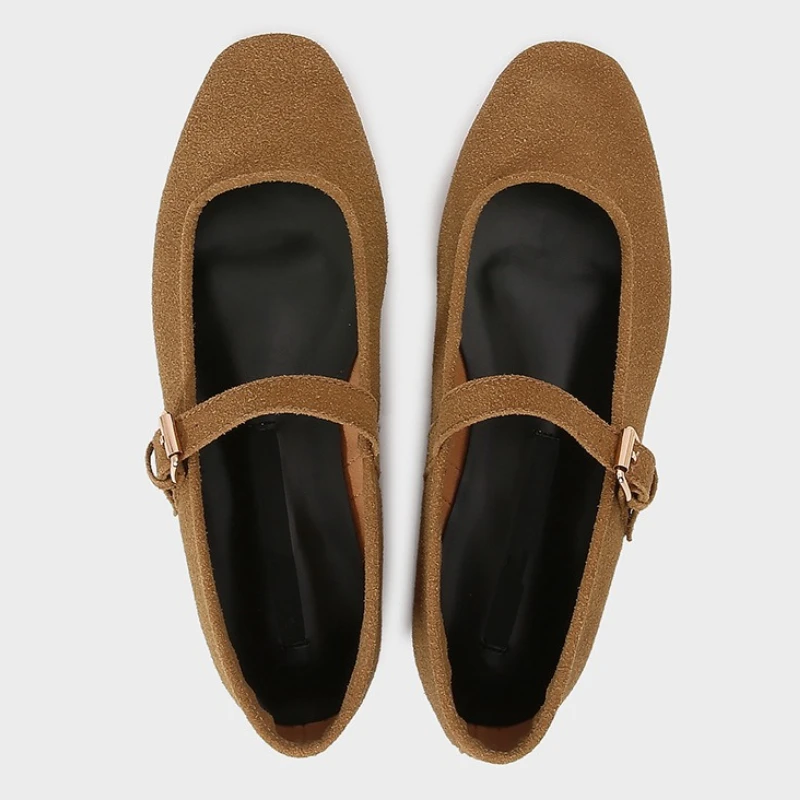 Zapatillas de Ballet de gamuza sintética marrón de alta calidad para mujer, cómodas zapatillas Mary Jane con punta redonda y hebilla estrecha, zapatos planos informales elegantes para exteriores