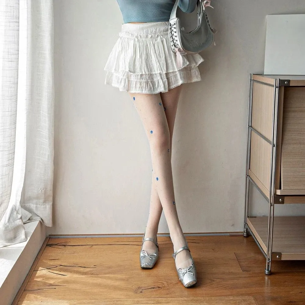 Bling Hosiery Y2K Rhinestone Pantyhose Stretch Dopamine Silk Stockings Transparent 20D Flower Tights Party