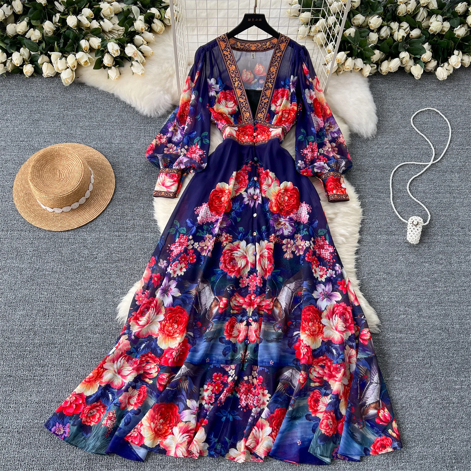 Sexy Elegant Vintage chiffon print lool Sleeve Dress V-neck Slim Women Summer party French sweet Beach Pleated Dresses