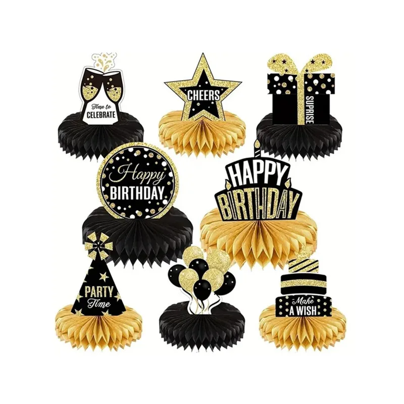 8pcs/24pcs Set of black gold birthday paper honeycomb ornaments birthday party decoration supplies party honeycomb table