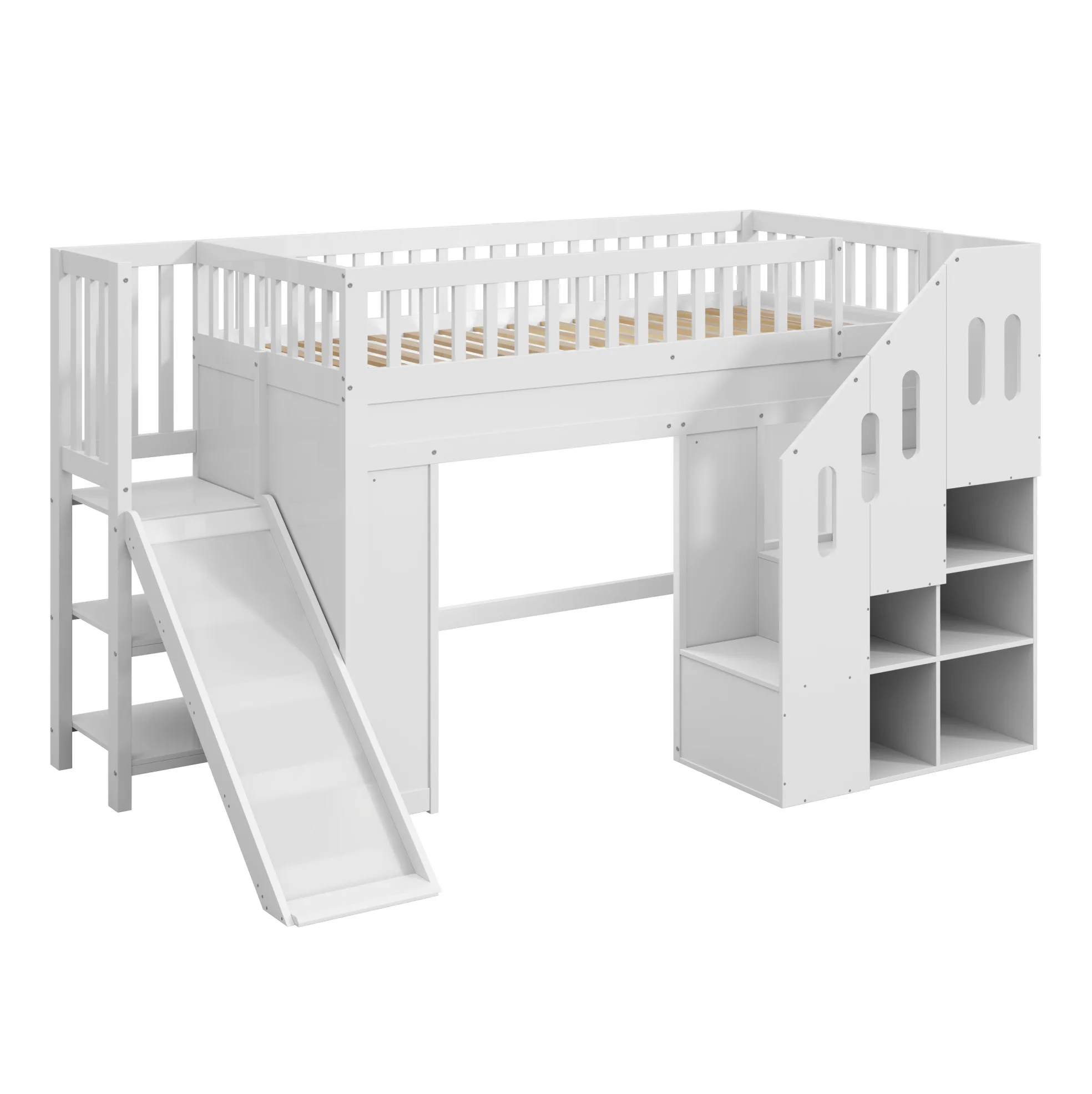 MODENUIT Halfhoogslaper 90x200 cm – Met Glijbaan en Hoektrap met Opbergruimte – Ledlicht – Grenen en Mdf – Zonder matras – Wit