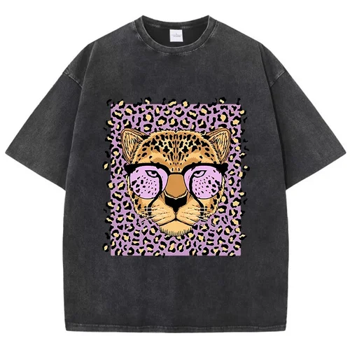Camisetas Vintage de lavado ácido para hombre y mujer, camisetas con estampado de dibujos animados de leopardo, ropa femenina de manga corta de gran tamaño de algodón con cuello redondo