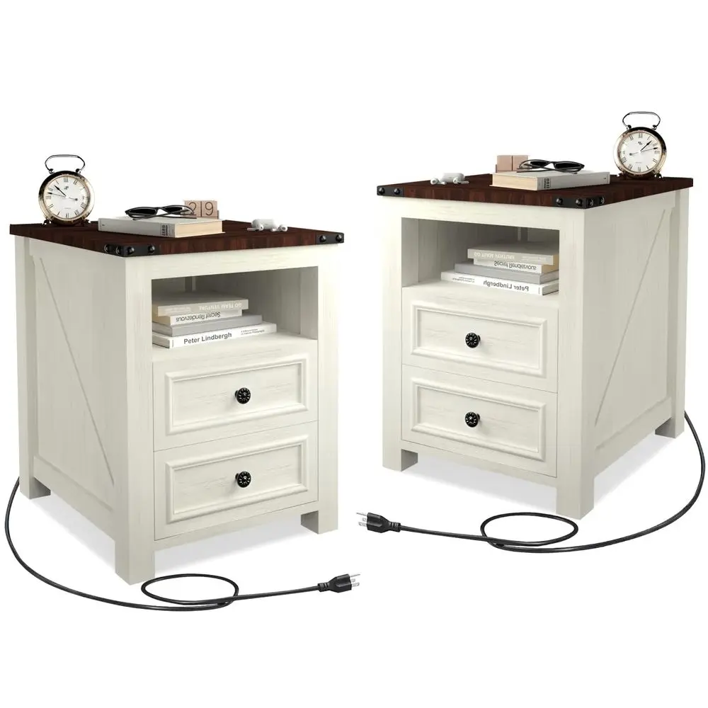 Night Stand Set of 2 with Charging Station, Rustic 18 Inch Bedside Table with 2 Storage Drawers and Open Shelf, Modern Wood End