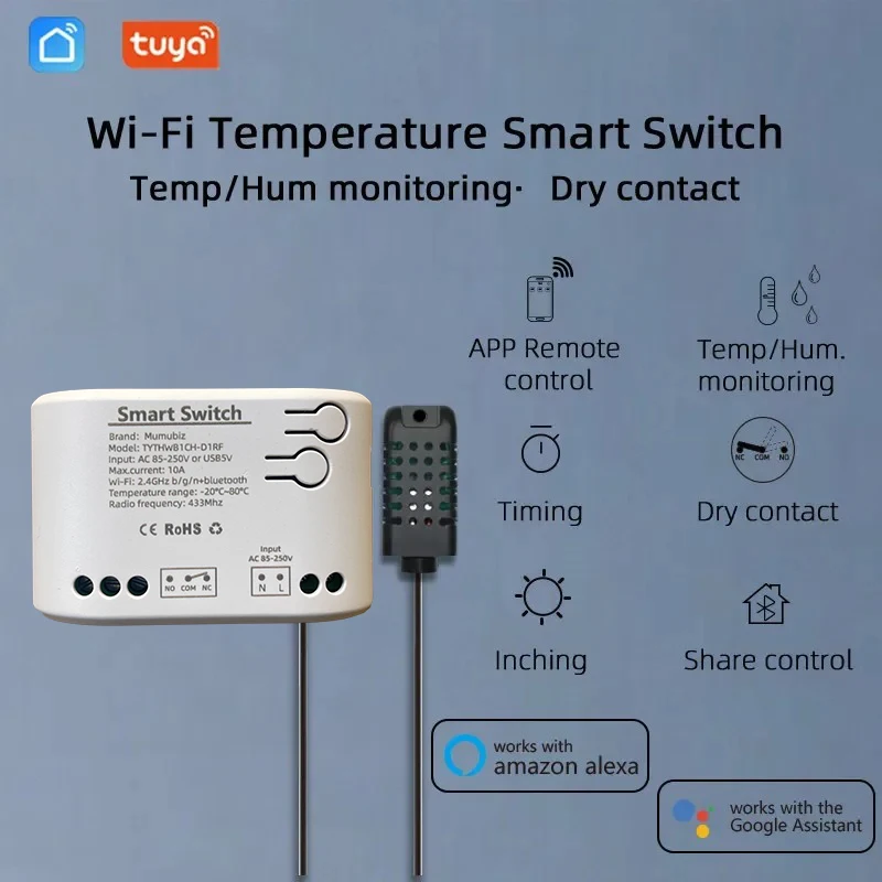 Tuya Smart Life 85~250V WiFi Switch Relay Temperature Humidity Monitoring Thermostat Sensor Passive Dry Contact Alexa Compatible