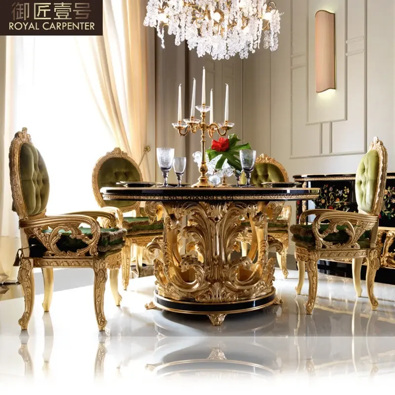 

Black gold hand-painted dining table European style solid wood carved chairs combination Italian round table customization