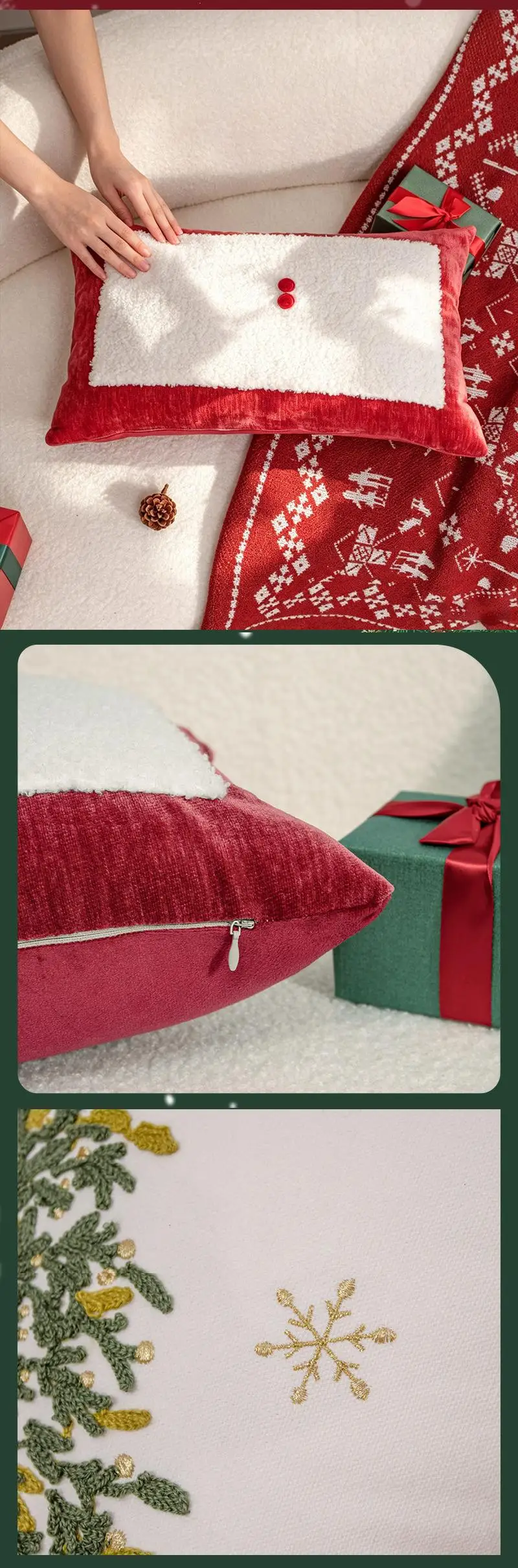 Weihnachtliche Stickerei-Kissenbezüge, Dekorative Kissenhüllen für Wohnzimmer-Sofa, Schlafzimmer-Kopfteil und Weihnachtsdekoration – Detail 8