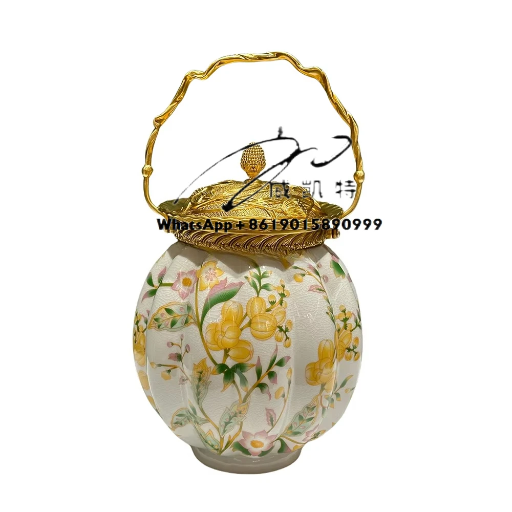 Gold Brass Handle and Lid Decorative Box Luxury Hand-Painted Floral Design Small Porcelain Pot for European Style Home Decor