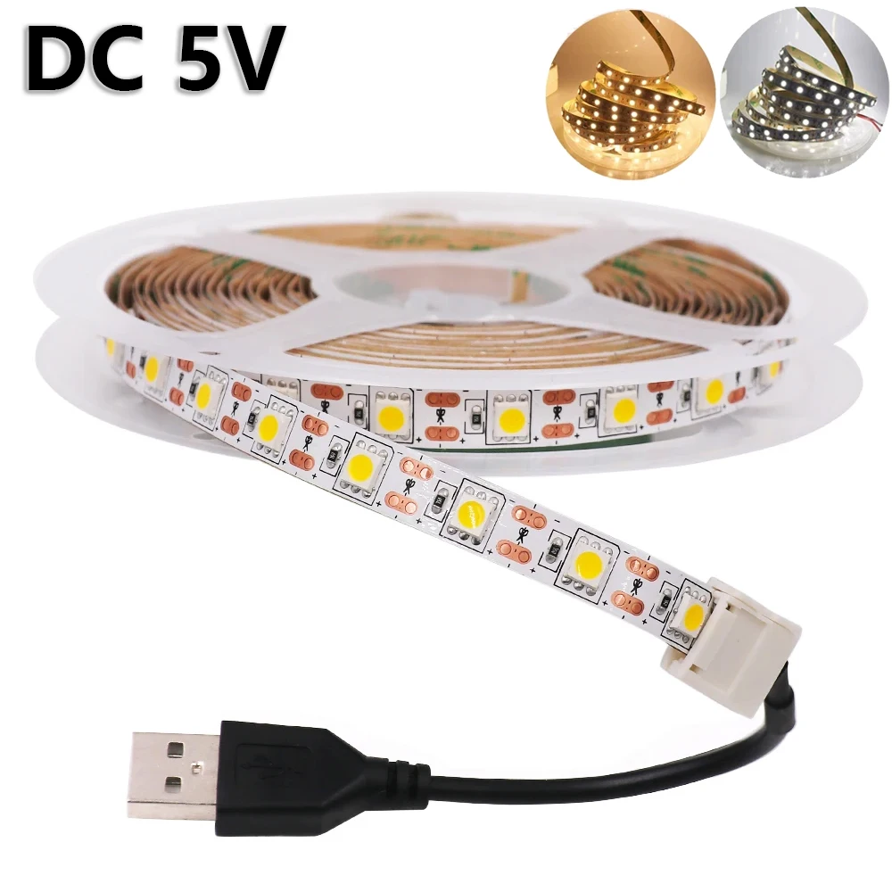 

DC 5V LED Strip Lights USB Powered 5050 60Leds/m White Warm White Led Light Diode Tape Kitchen Cabinet Light 0.5m 1m 2m 3m 4m 5m