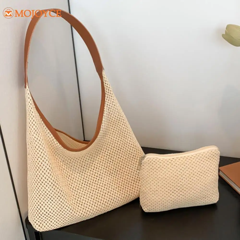 Handmade Woven Tote Hollow Out Shoulder Bag Women's Weaving Bag with Small Pouch Large Capacity Handbags Ladies Summer Beach Bag