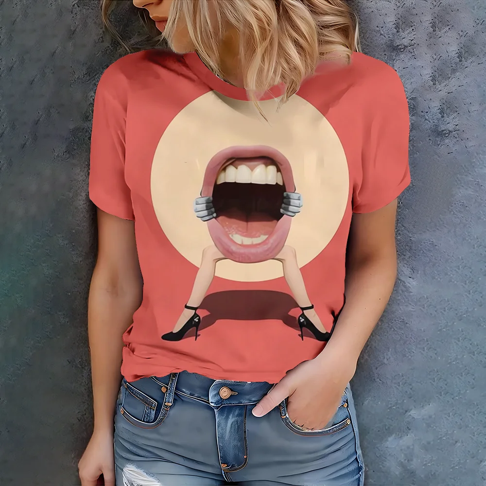

Плюс размер 1XL-5XL оранжевая забавная женская повседневная футболка с рисунком рта в уличном стиле, летняя футболка с круглым вырезом и коротким рукавом