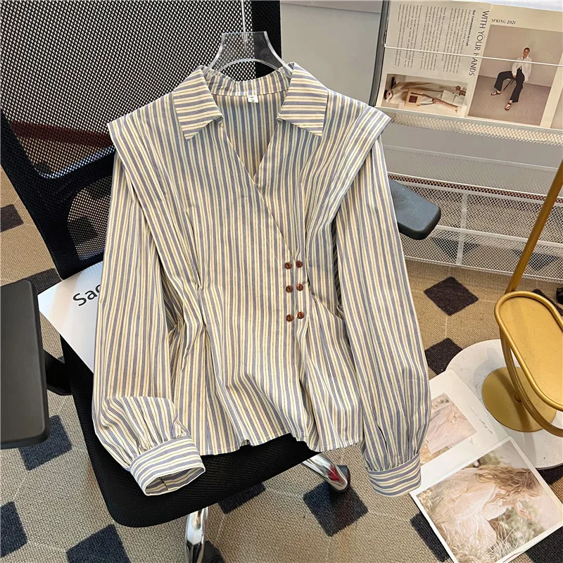 

Vintage Women's Blouses Casual Striped Shirts Fashion Loose Summer Korean Clothing Long Sleeved Cotton Women Top