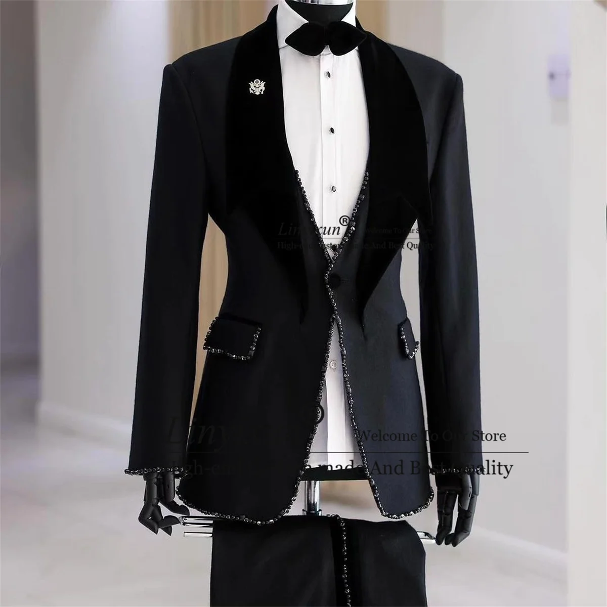 Sparkly Beaded Crystals Men Suits Fashion Shawl Lapel Groom Wedding Tuxedos Male Prom Party Blazers 2 Pieces Sets Costume Homme