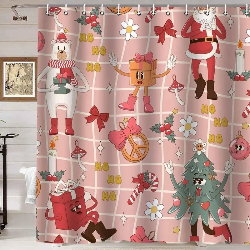 Cartoon White Bear Santa Claus Christmas Tree Shower Curtain No Drilling 12 Hooks Bathroom Decor Holiday Gift Set