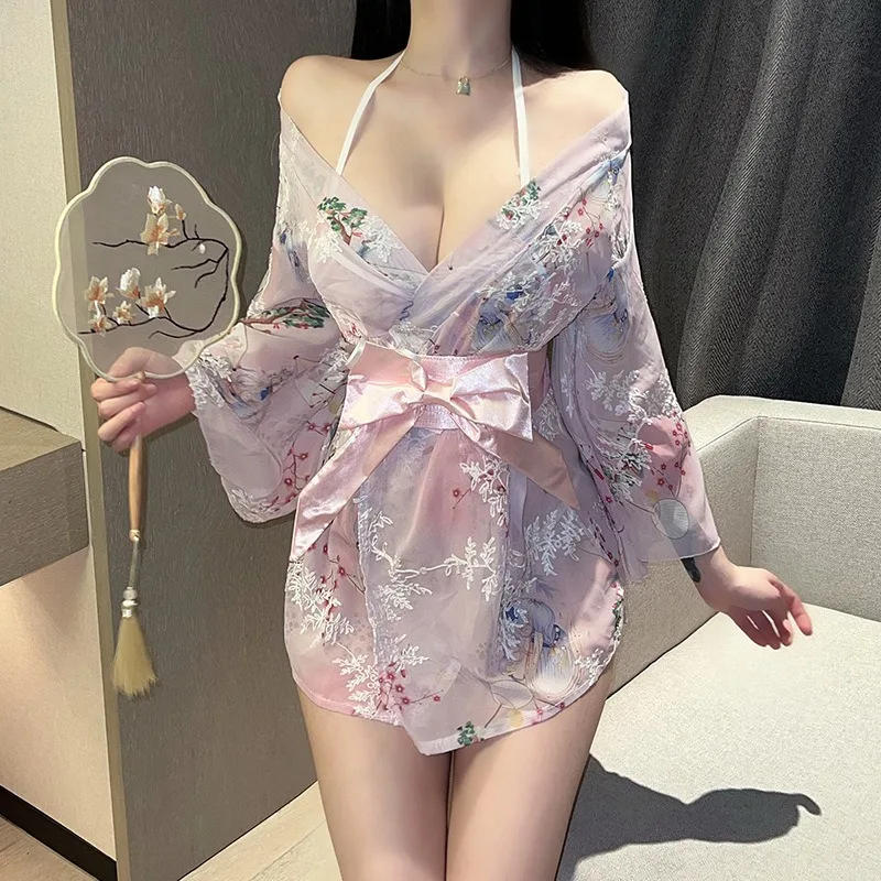 

Woman Night Dress and Kimono Bathrobe Set with Printed Bow Tie Japanese Pajamas Sexy and Female Underwear Pajamas for Women