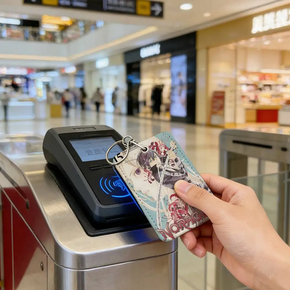 classic N-noragami Japanese Anime Rectangle ID Card Case Keychain Access Card Bag Key Tag Ring Leather Card Holder Key